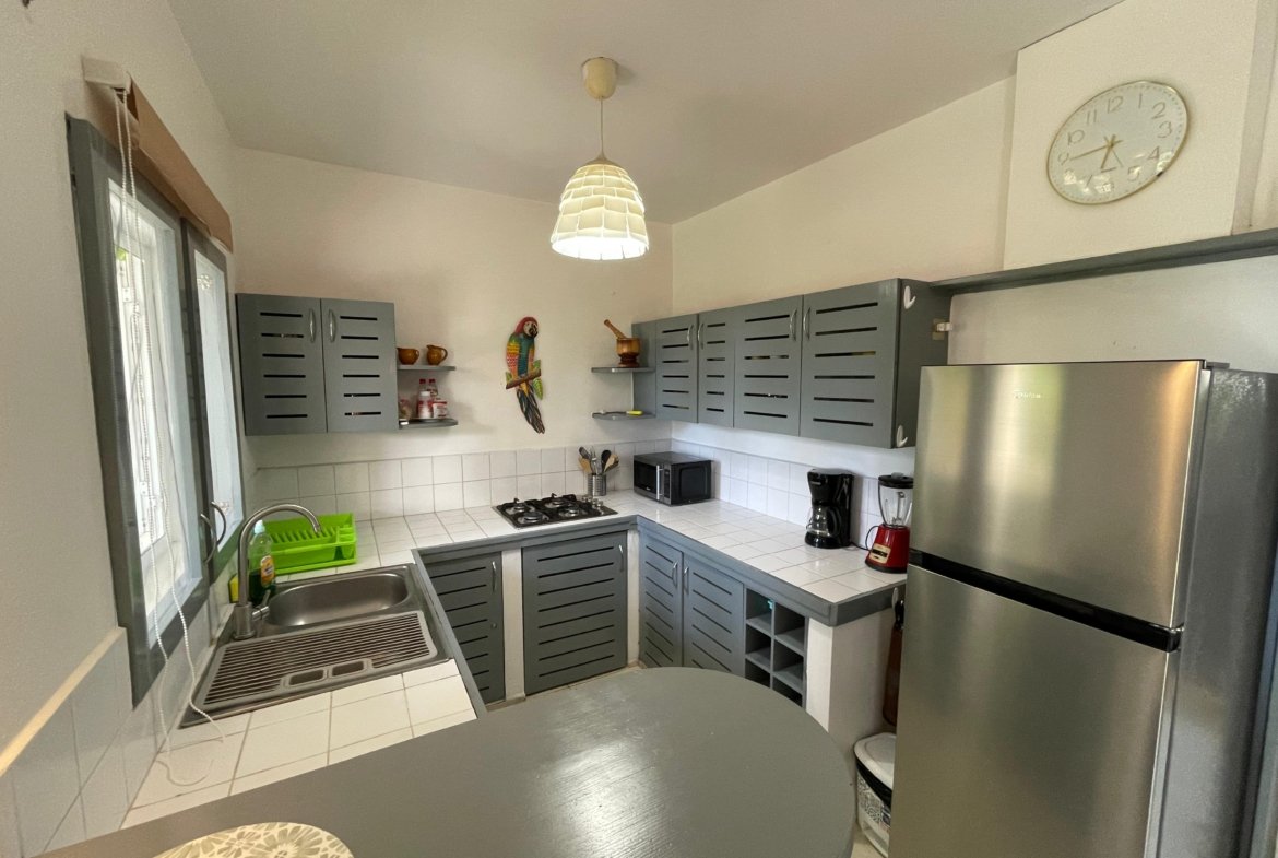 Cocina moderna gris con electrodomésticos y luz natural