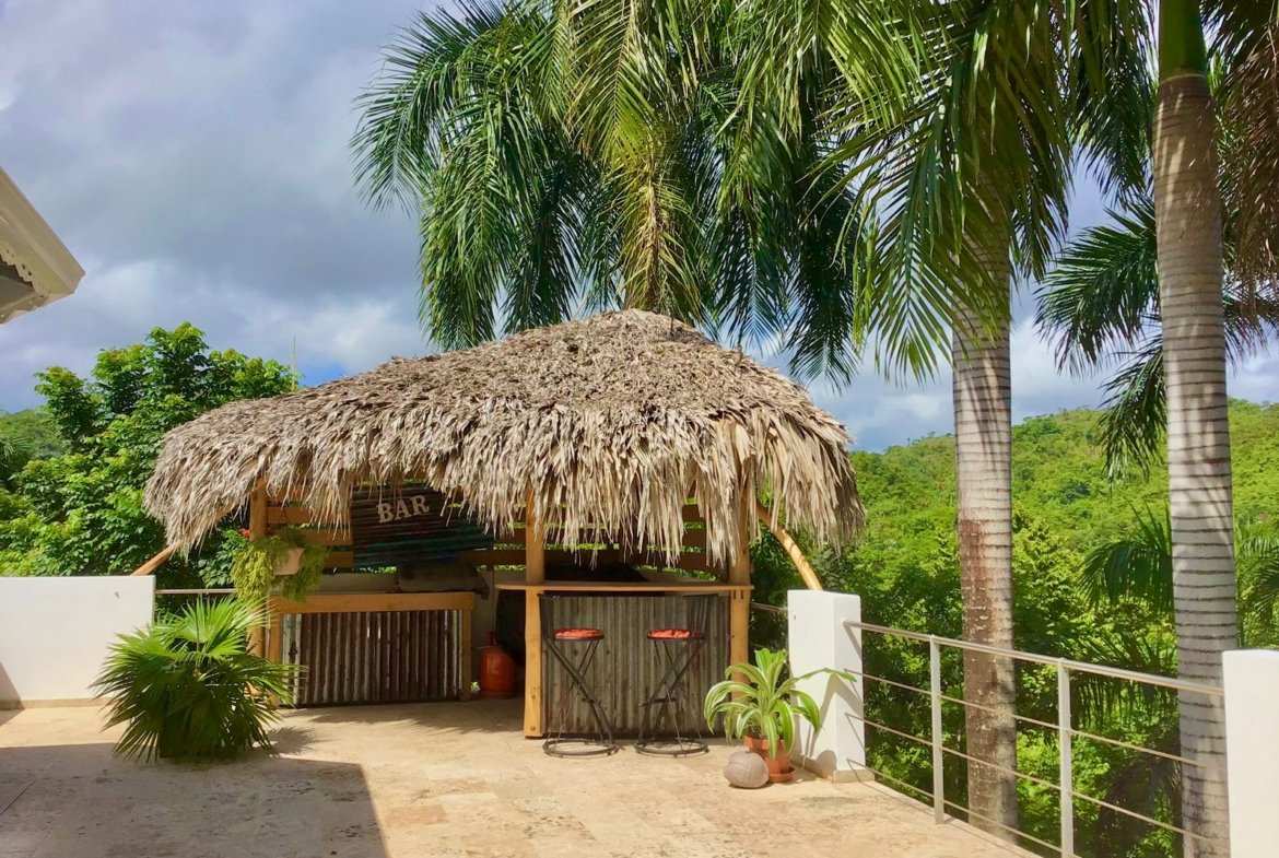 Bar tropical con techo de paja y palmeras