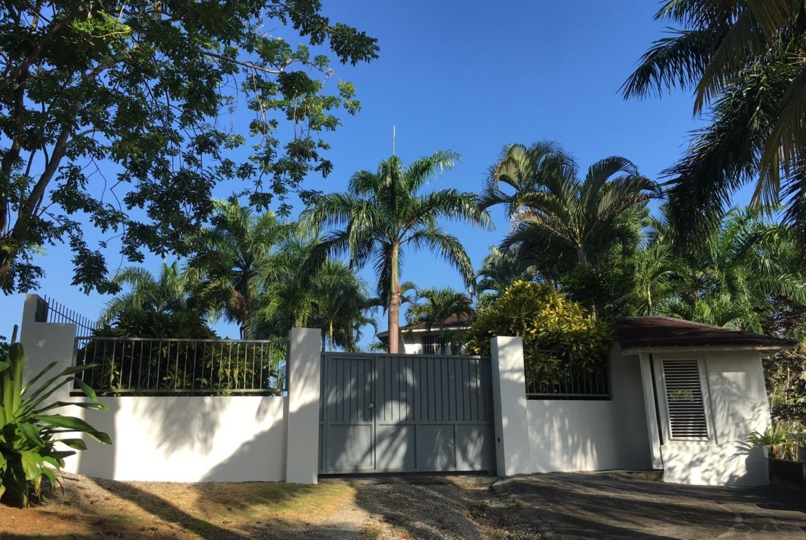Entrada de casa tropical con palmeras y portón