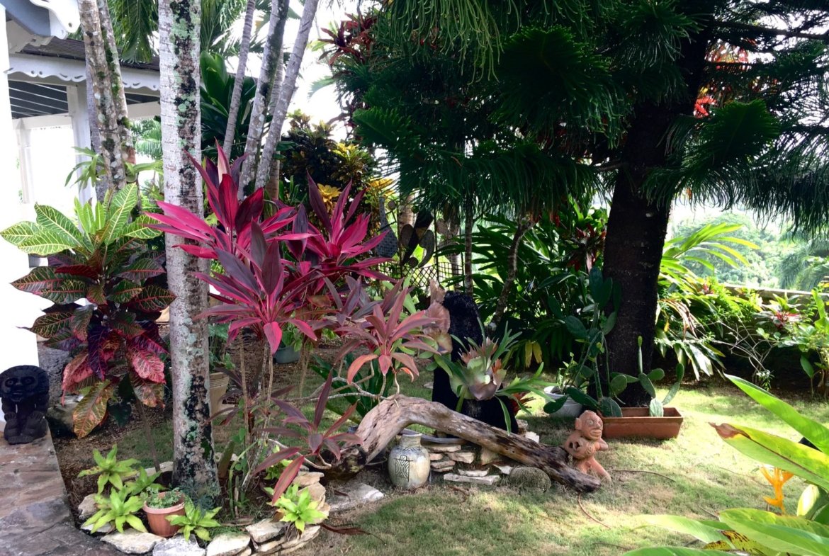 Jardín tropical con plantas coloridas y esculturas