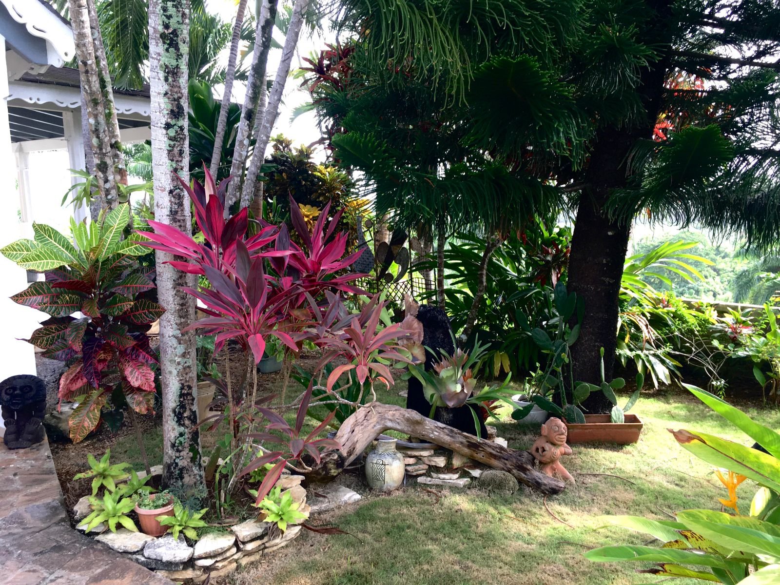 Villa Vista al Mar (6) JardĂn tropical con plantas coloridas y esculturas
