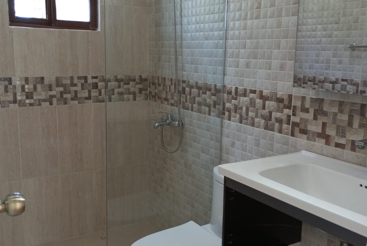 Baño moderno con ducha, inodoro y lavabo