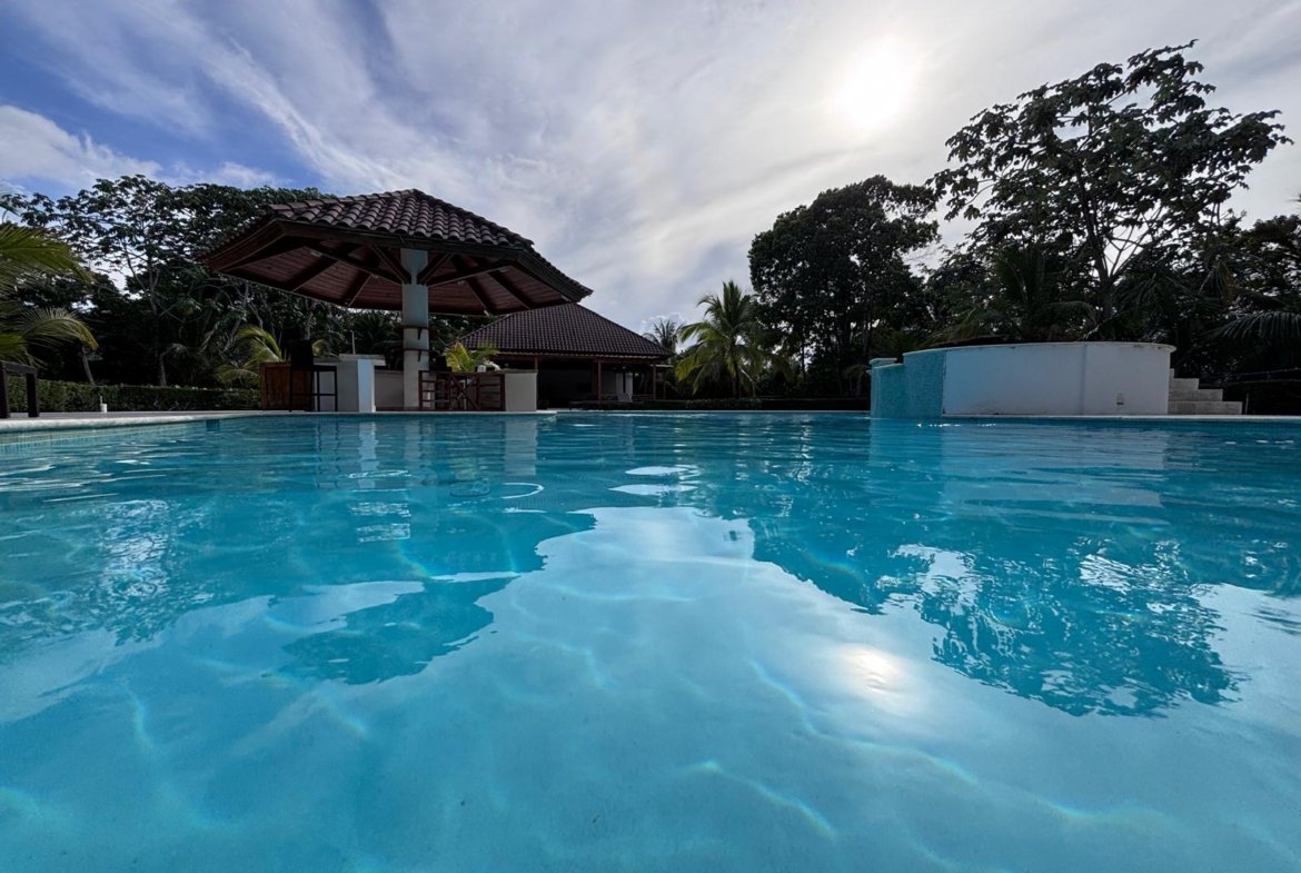 Piscina tropical con cenador y palmeras