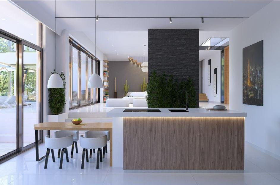 Cocina moderna con isla y ventanales amplios