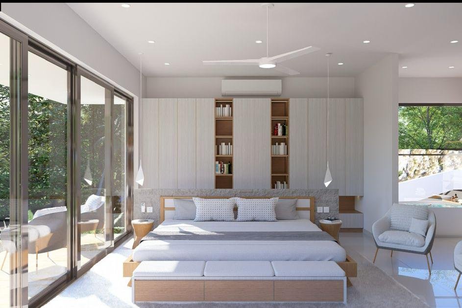 Dormitorio moderno luminoso con grandes ventanales y terraza