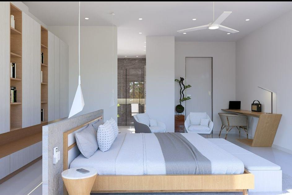 Dormitorio moderno minimalista con escritorio y madera clara