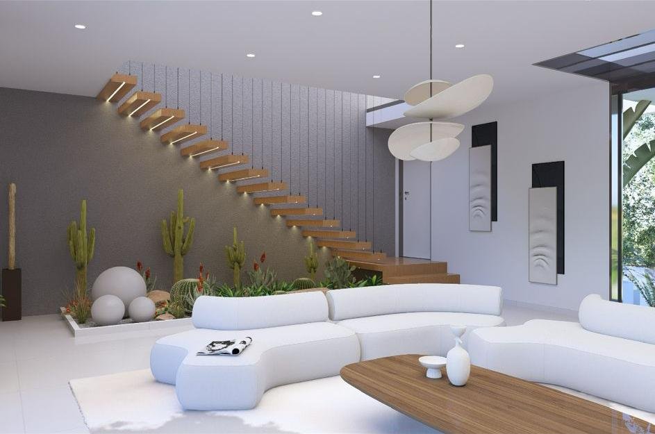 Salón moderno con escalera flotante y sofá blanco