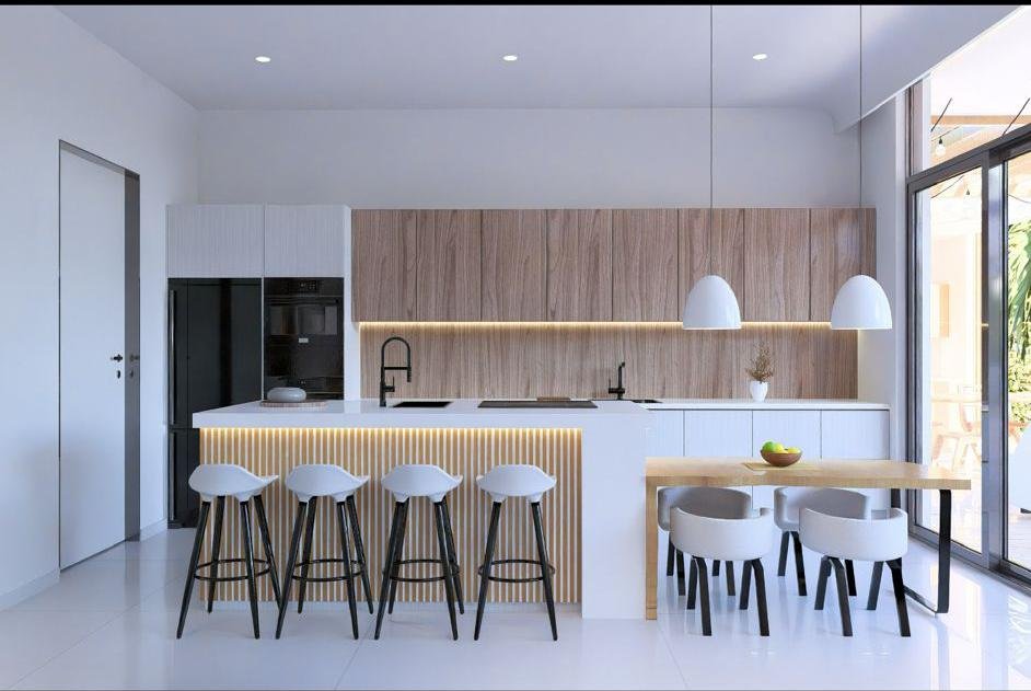 Cocina moderna minimalista con isla y taburetes
