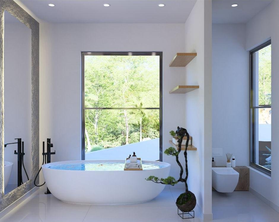 Baño moderno con bañera exenta y vistas al bosque