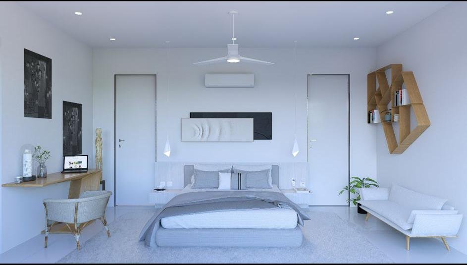 Dormitorio moderno minimalista en tonos blancos y grises