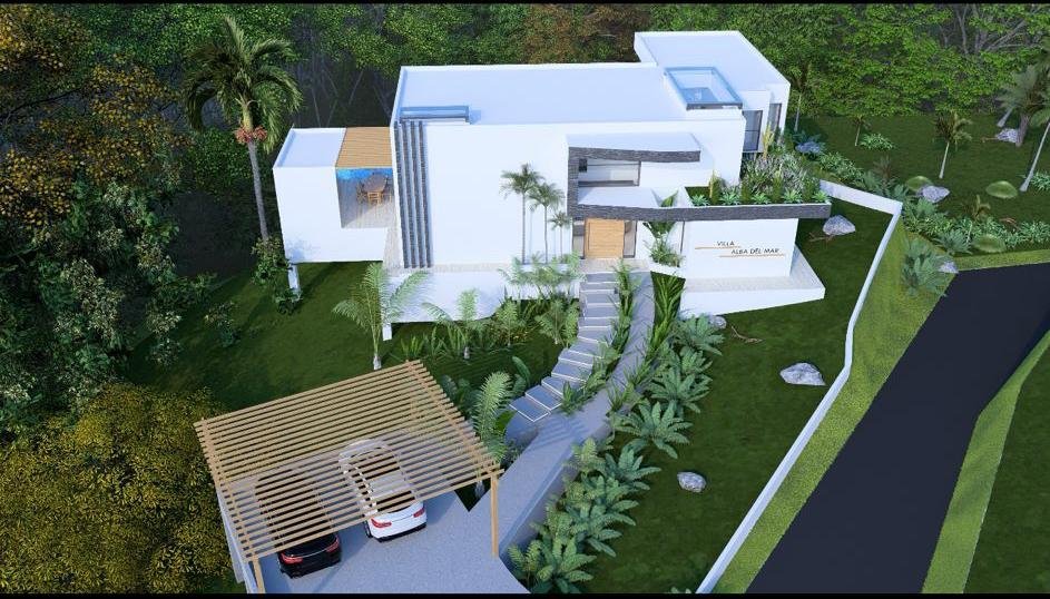 Villa moderna blanca con jardín tropical y cochera