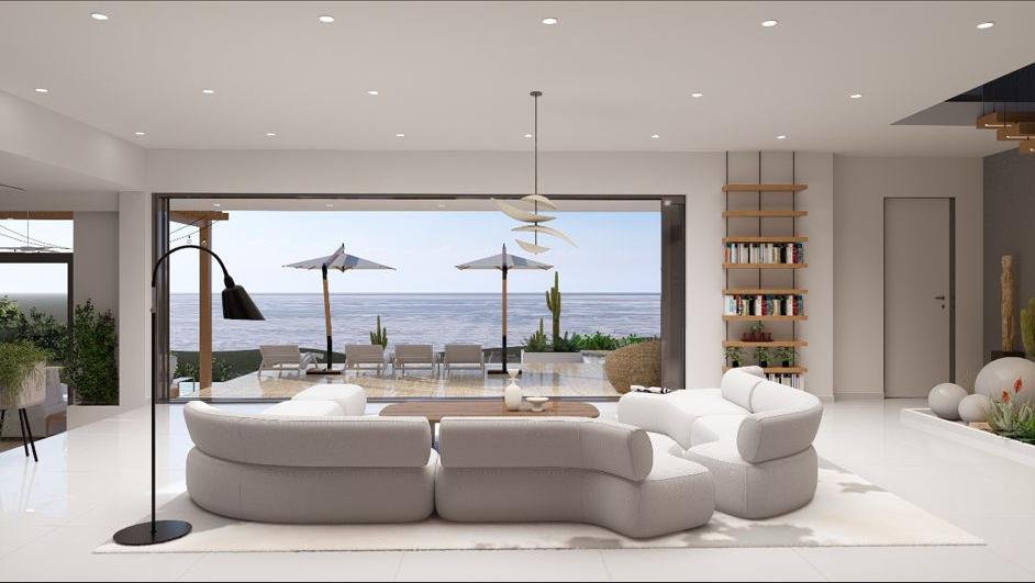Salón moderno con vistas al mar y terraza