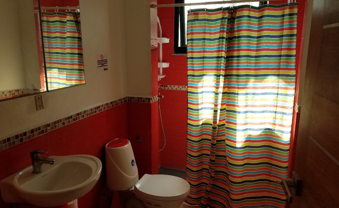 Baño pequeño con cortina de ducha colorida