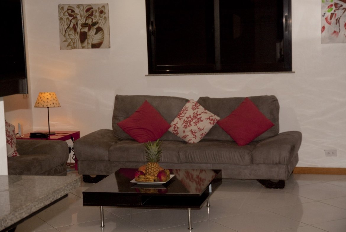 Salón moderno con sofá gris y cojines rojos