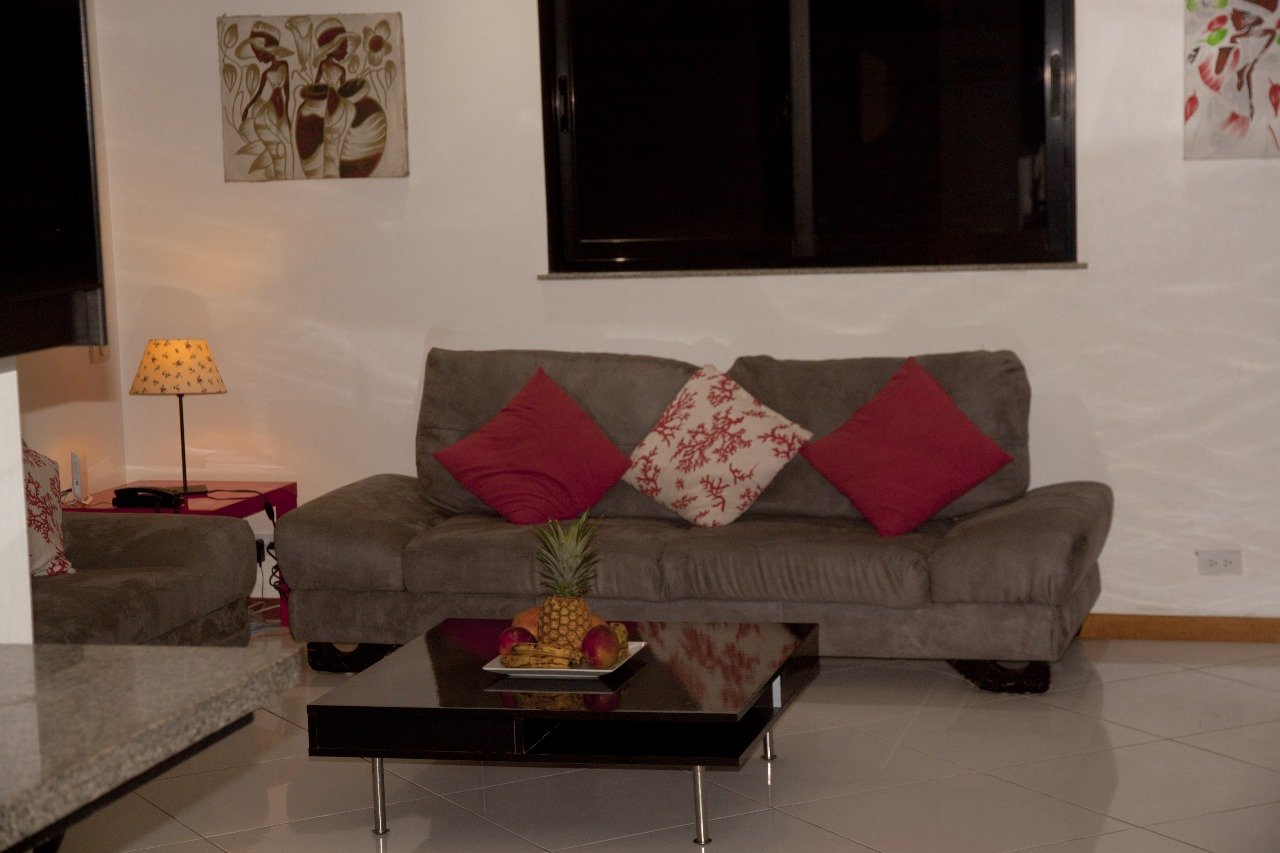 Villa El Cangrejo (18) Salón moderno con sofá gris y cojines rojos