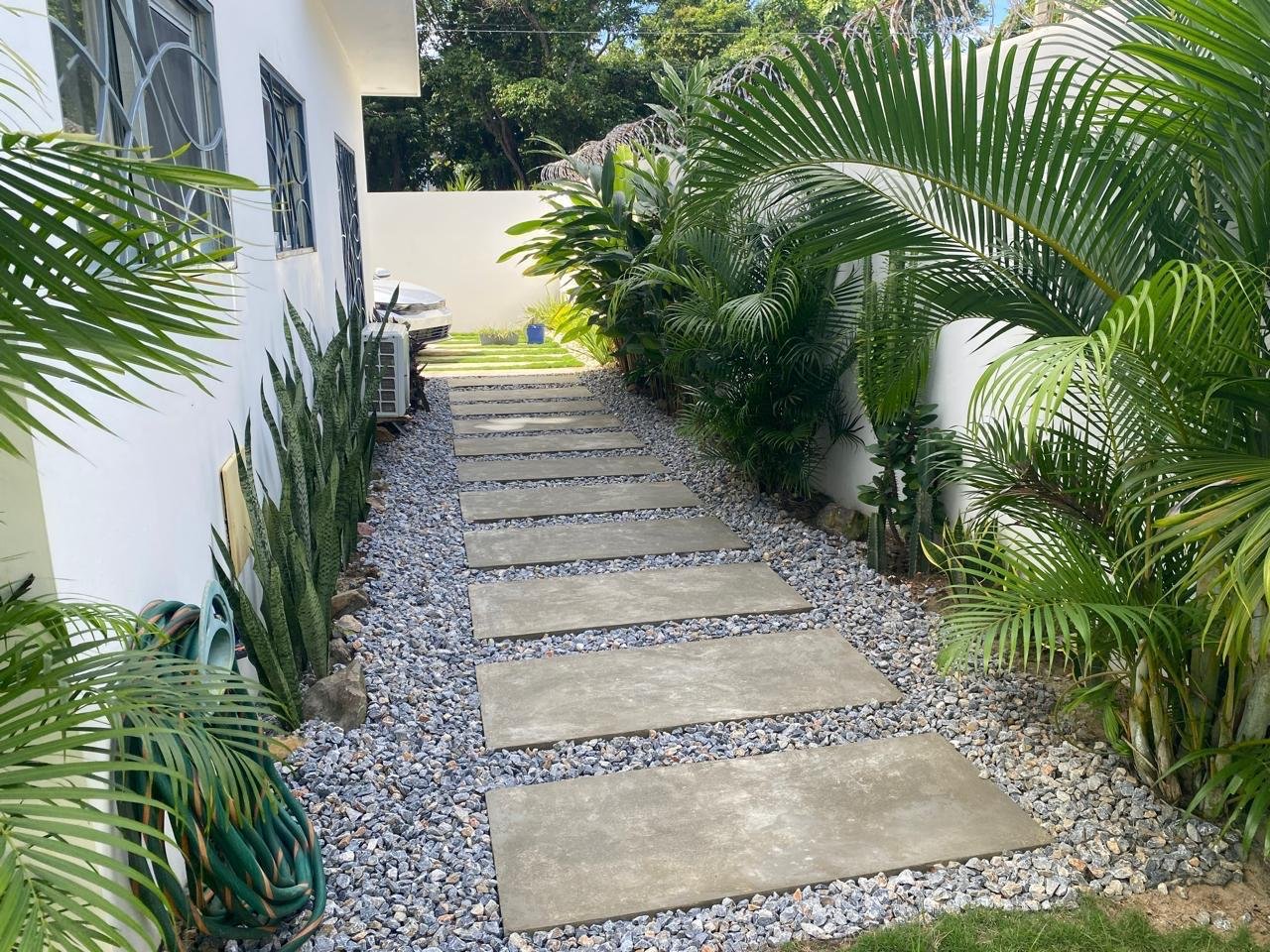 Sendero de losas en jardín tropical lateral