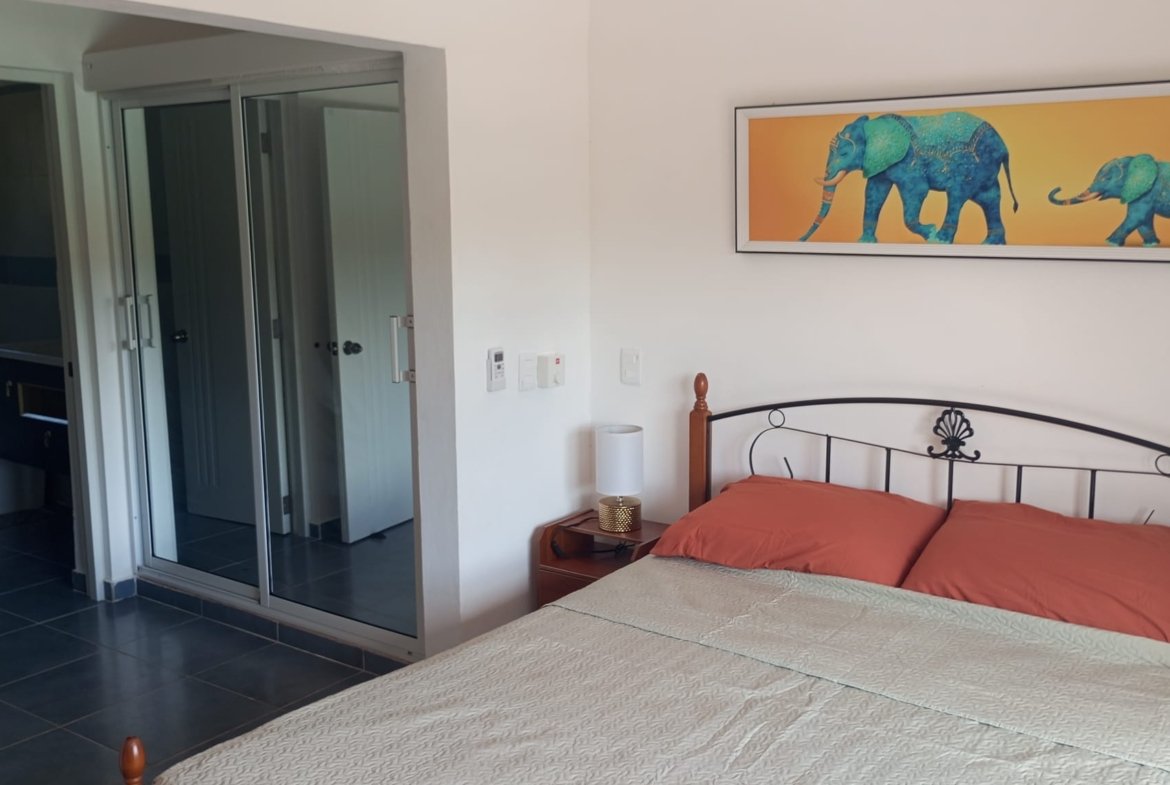 Dormitorio moderno con cama doble y cuadro de elefantes