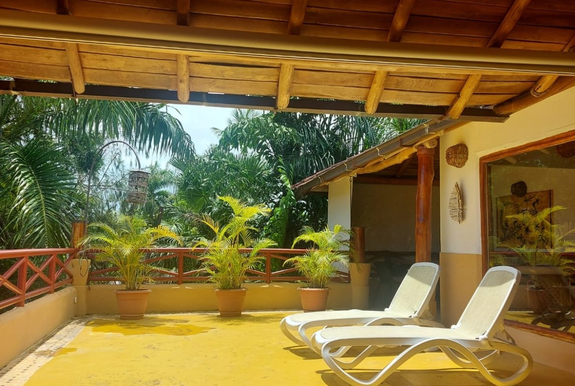 Terraza tropical con tumbonas y plantas exuberantes