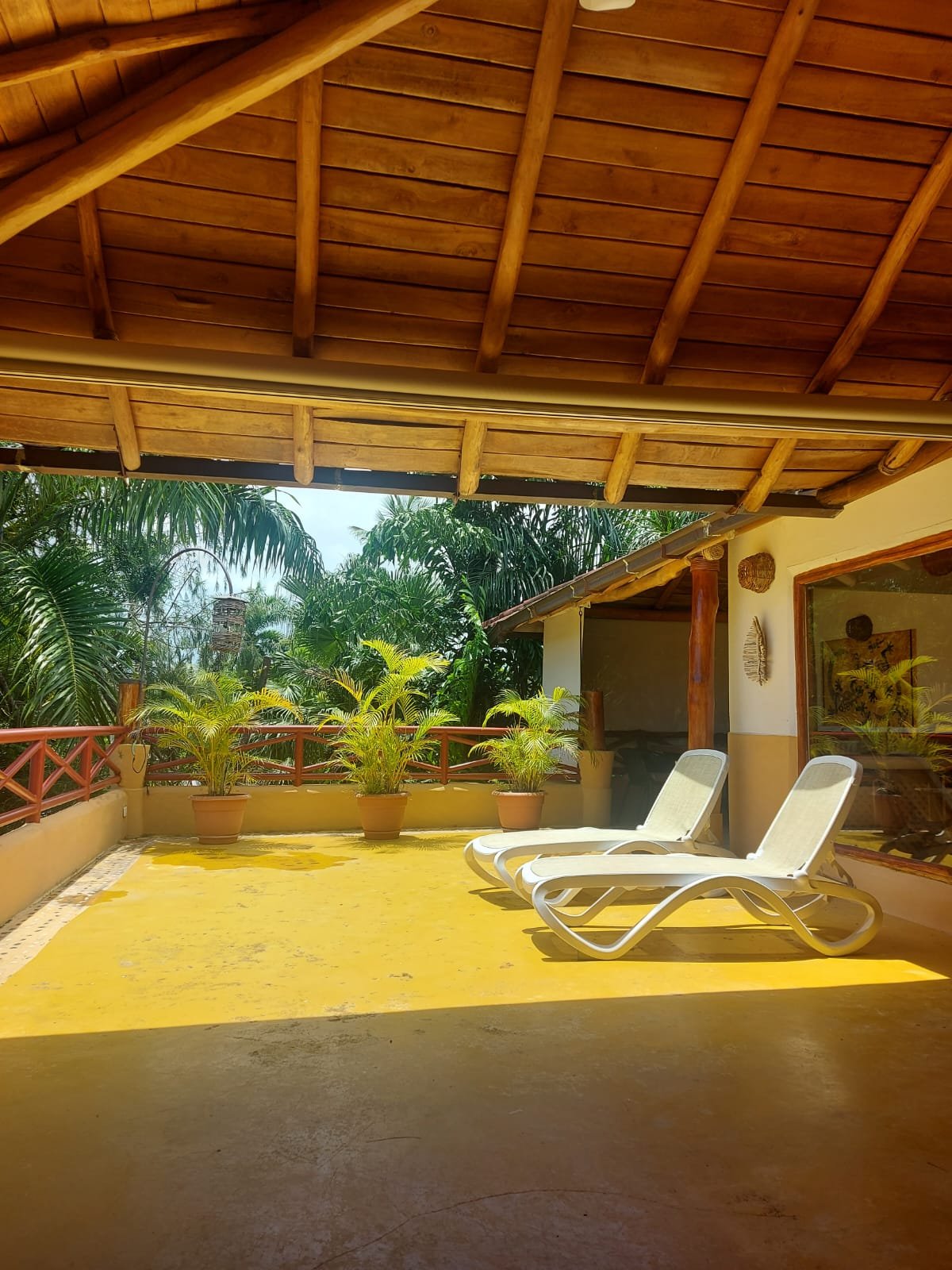 Terraza tropical con tumbonas y plantas exuberantes
