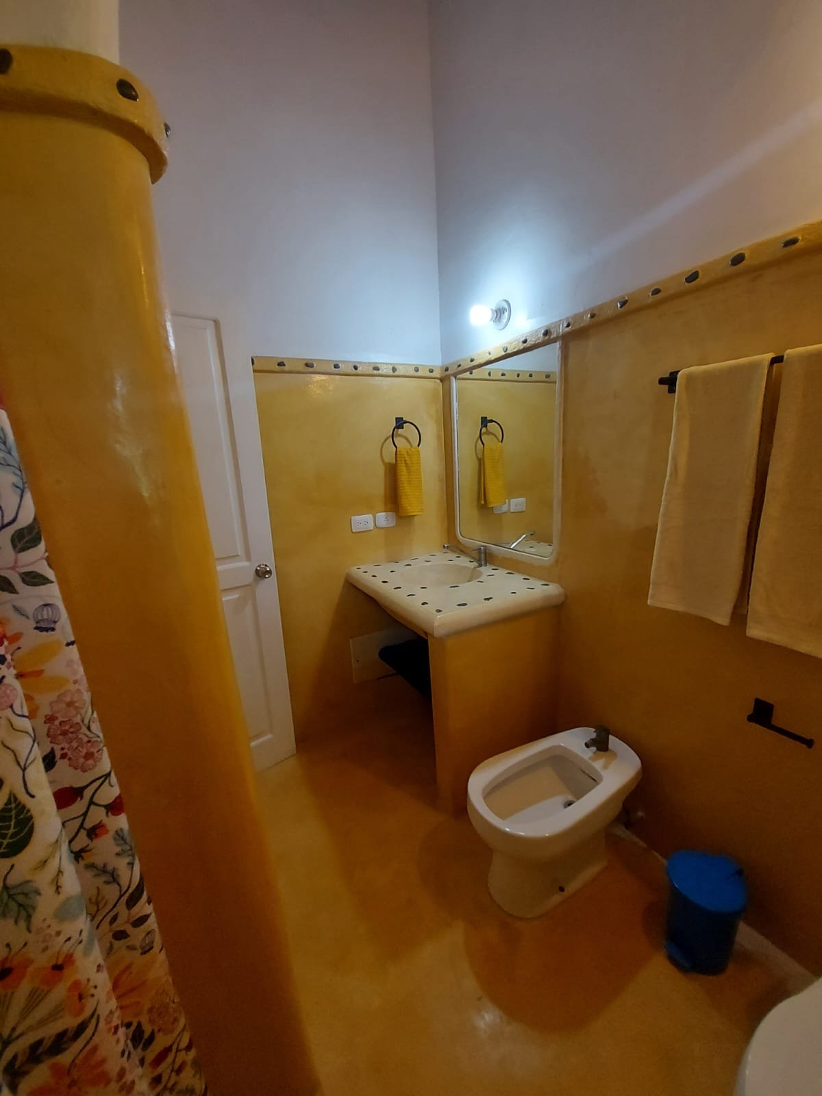 Baño amarillo con lavabo, espejo y bidé