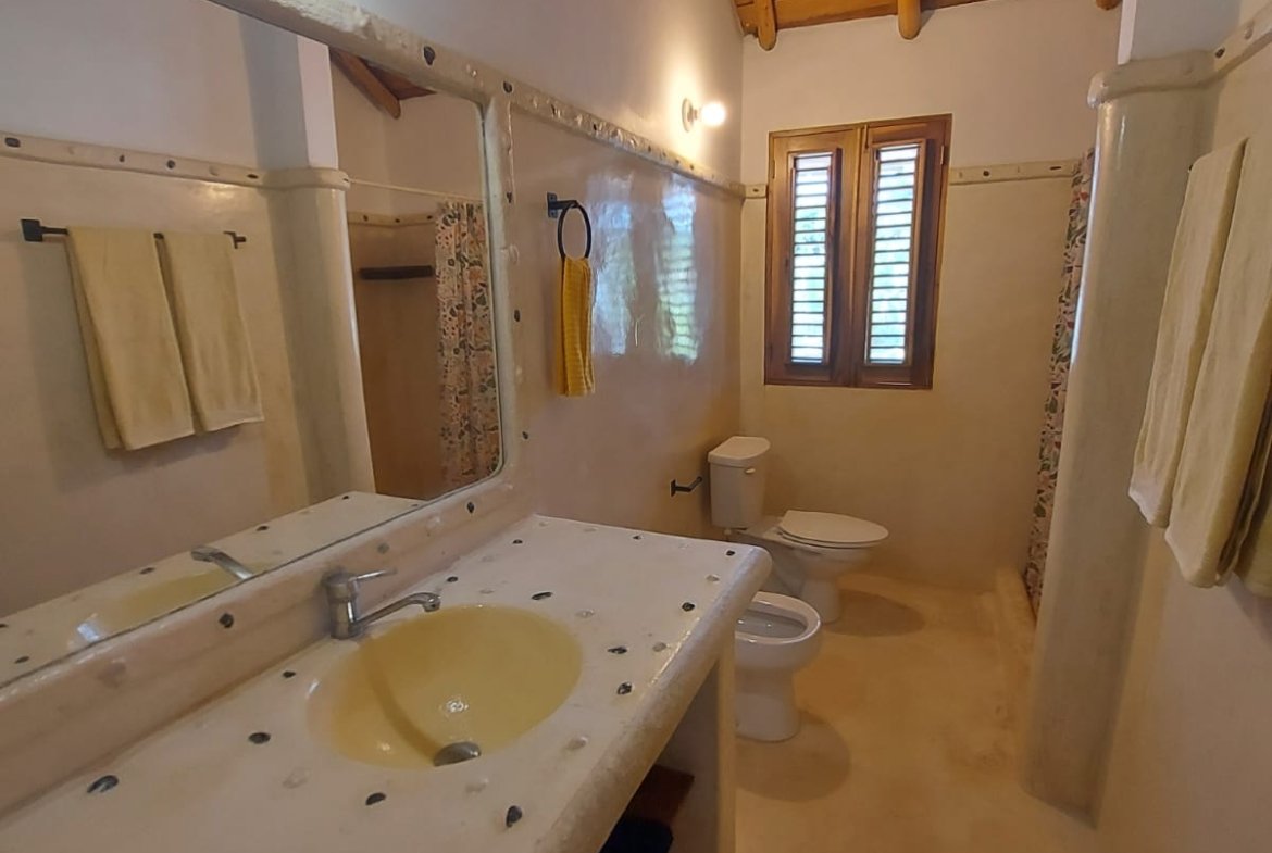 Baño rústico con techo de madera y ventana