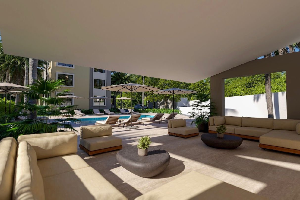 Residence Caribey 3 (1) Terraza moderna con piscina y sofás exteriores