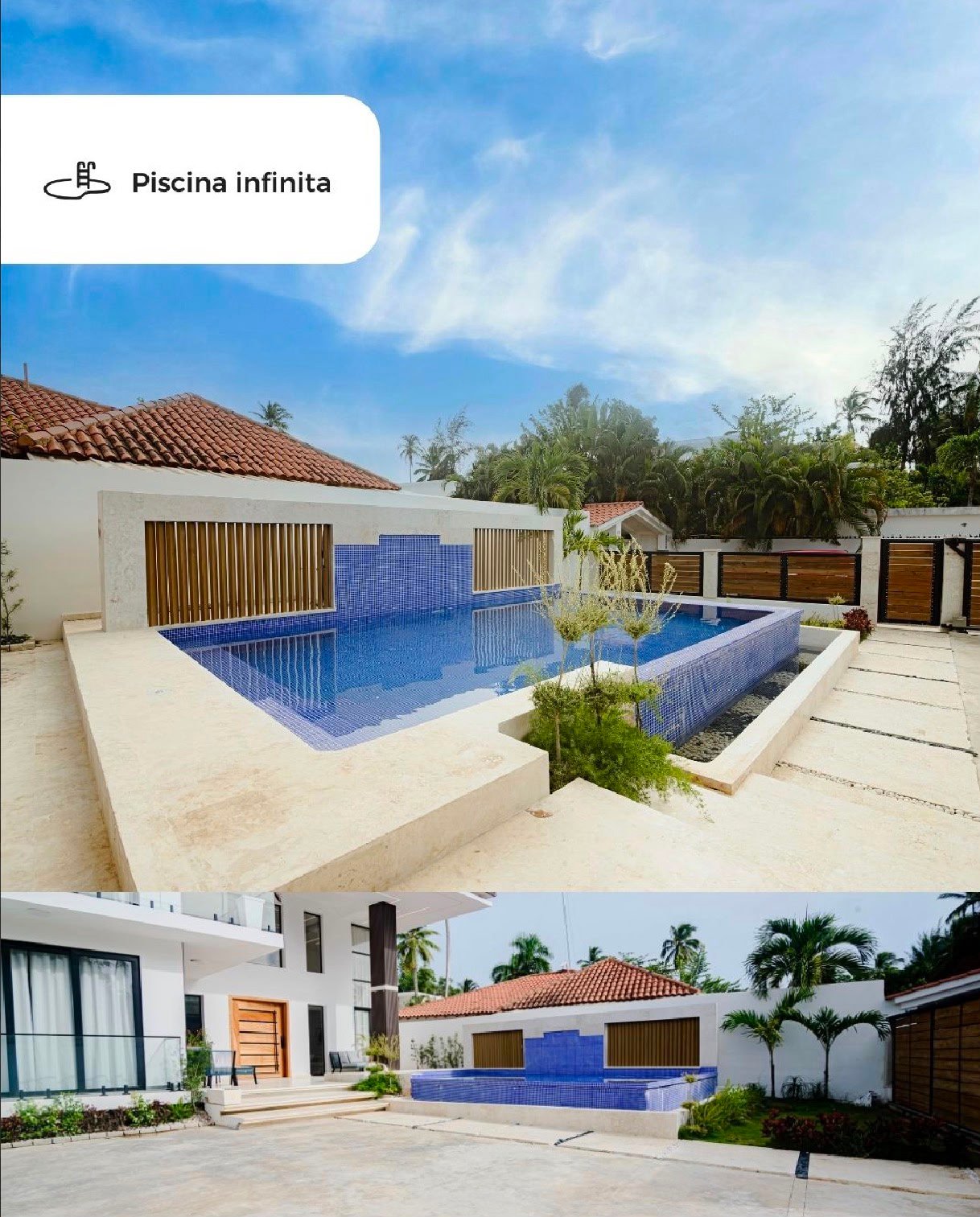 Piscina infinita moderna junto a casa blanca