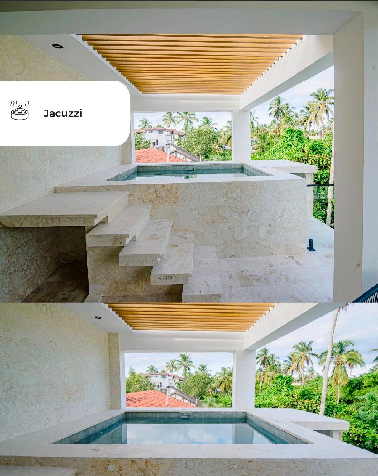 Jacuzzi moderno en terraza con vistas tropicales