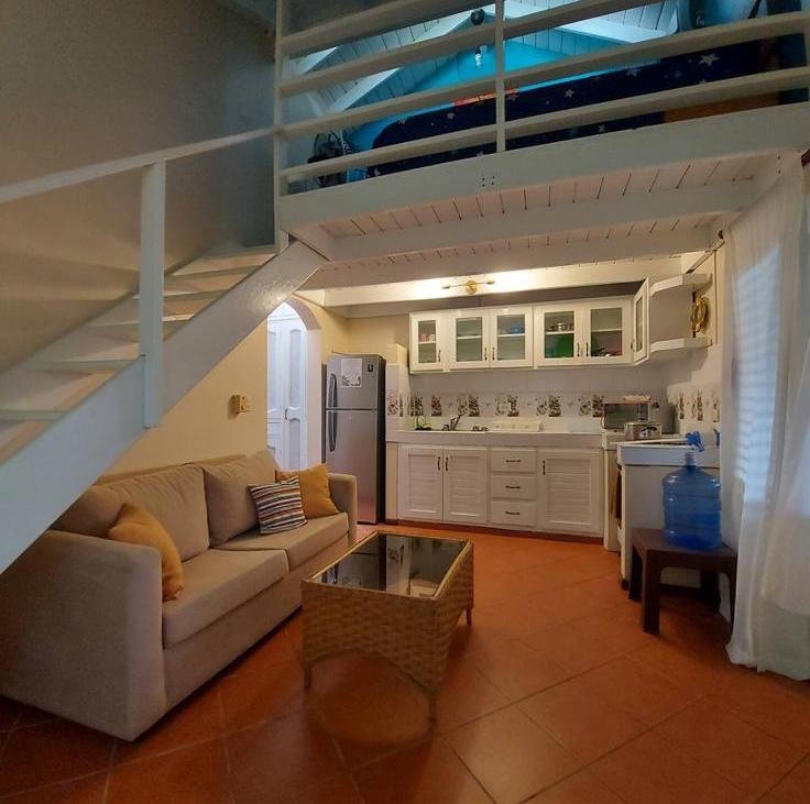 Salón con cocina y altillo en apartamento pequeño