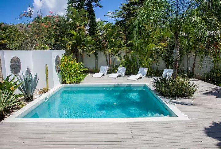 Piscina moderna con jardín tropical y tumbonas blancas