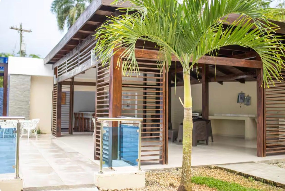 Terraza moderna con pérgola de madera y palmera