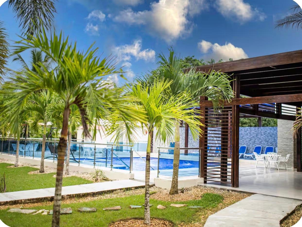 Piscina tropical con palmeras y pérgola moderna