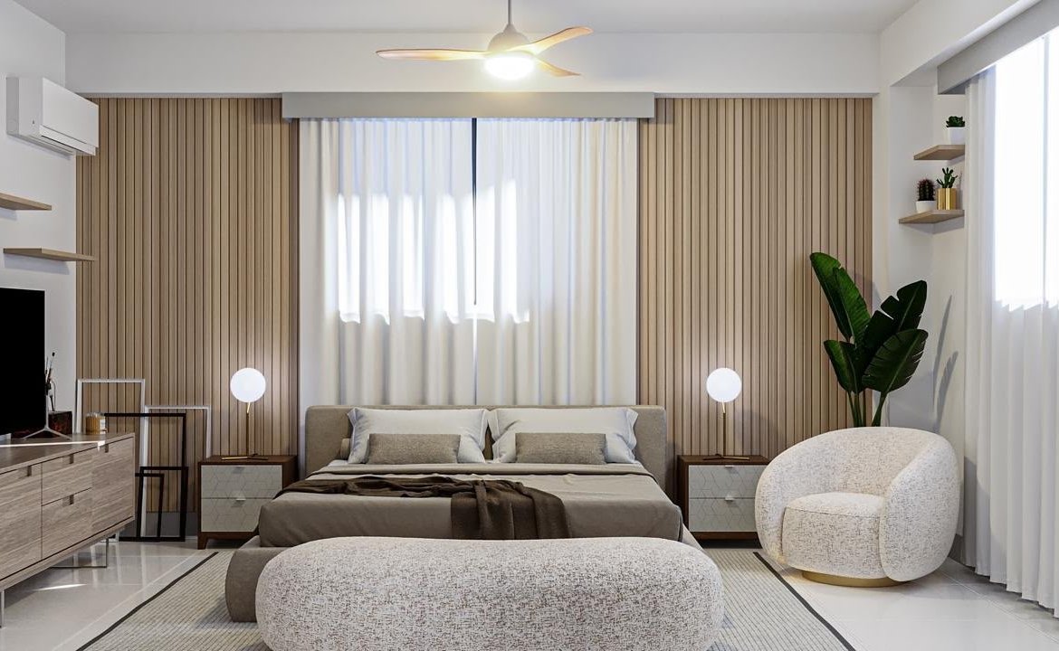 Dormitorio moderno con cama doble y tonos neutros