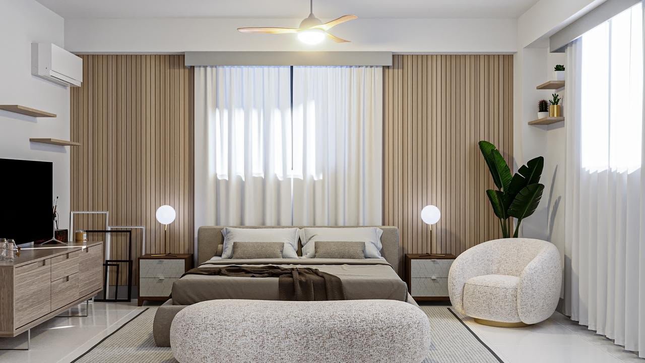 Dormitorio moderno con cama doble y tonos neutros