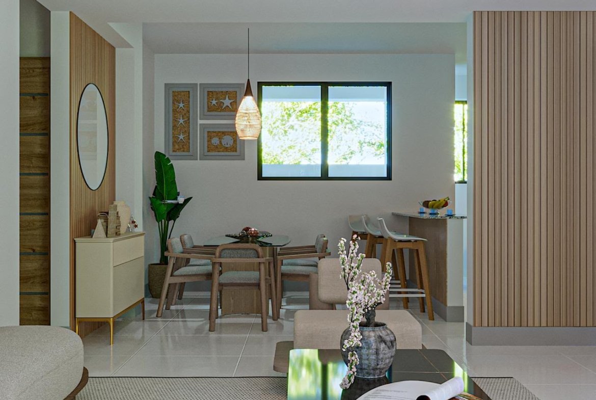 Comedor moderno con muebles de madera y ventana