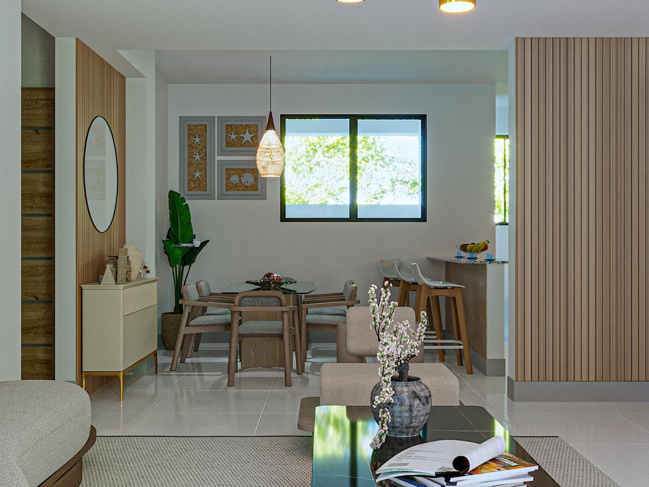 Comedor moderno con muebles de madera y ventana