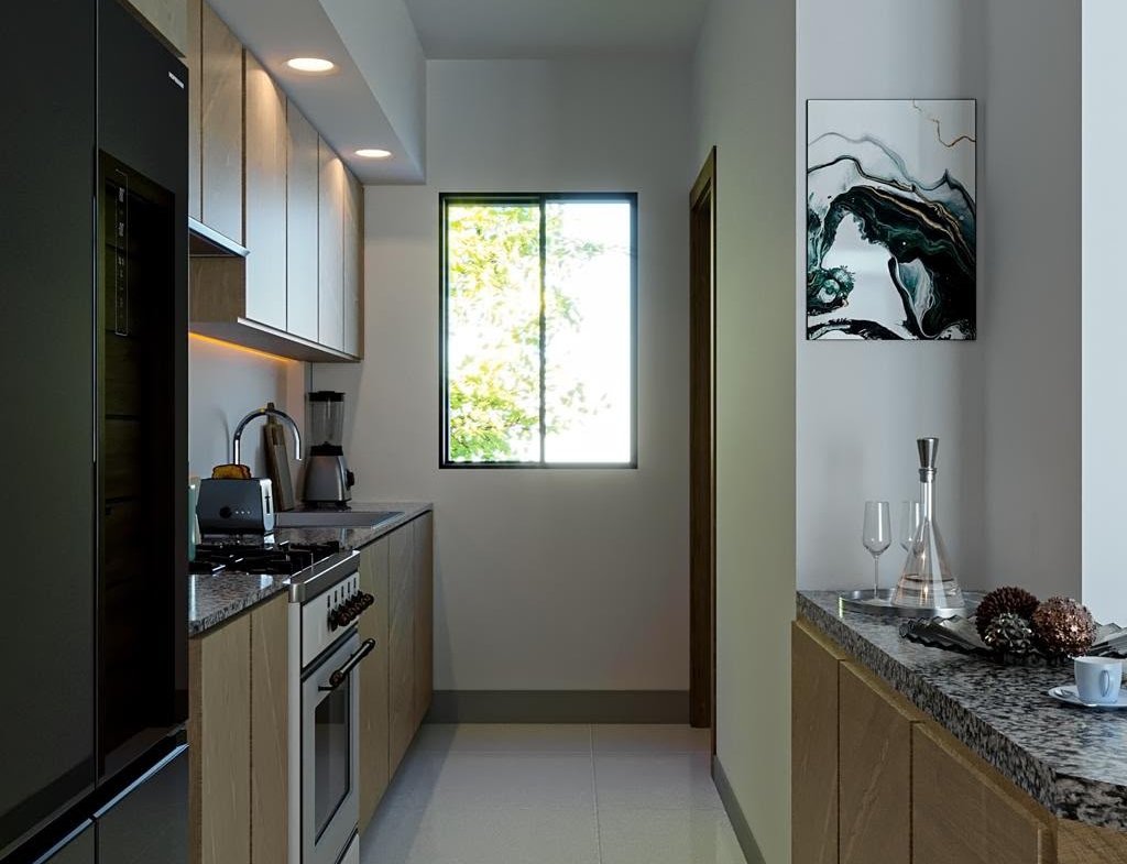 Cocina moderna y estrecha con muebles de madera