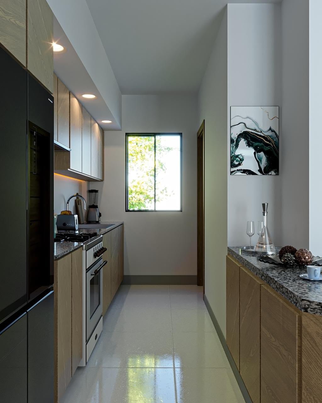 Cocina moderna y estrecha con muebles de madera