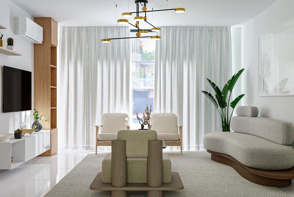 Salón moderno minimalista con sofá curvo y lámpara