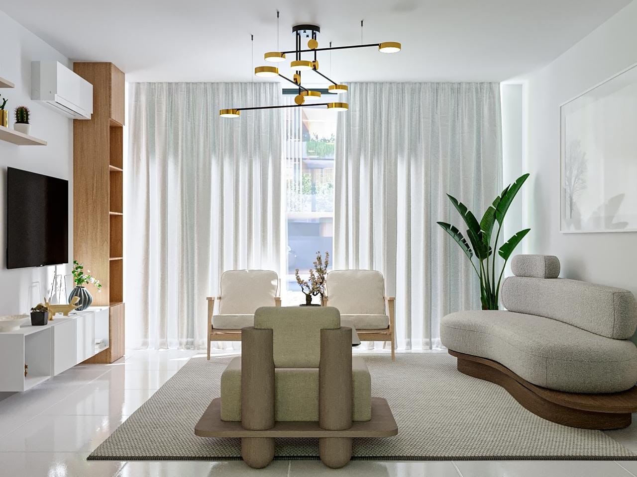 Salón moderno minimalista con sofá curvo y lámpara