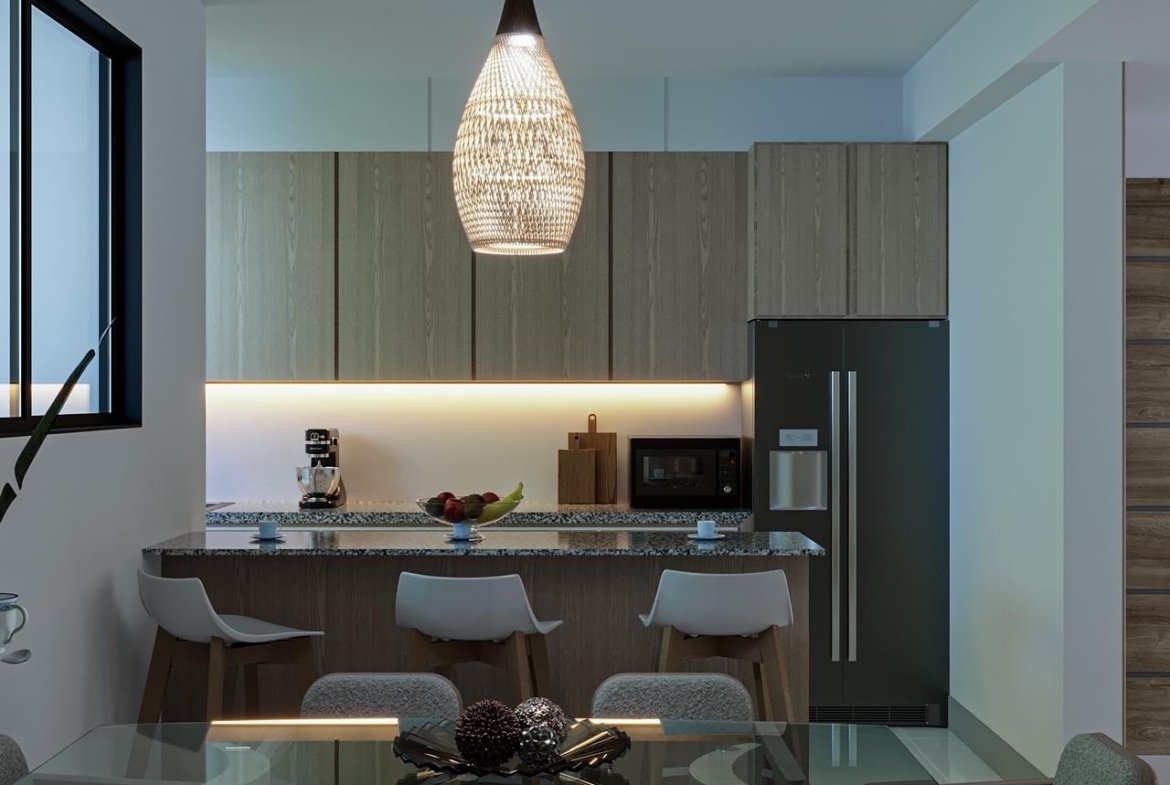 Cocina moderna con isla y lámpara colgante