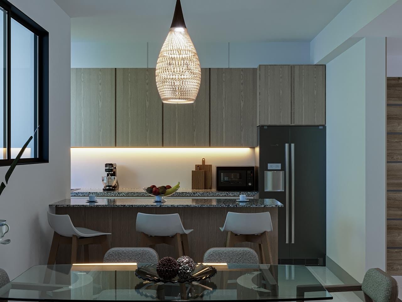 Cocina moderna con isla y lámpara colgante