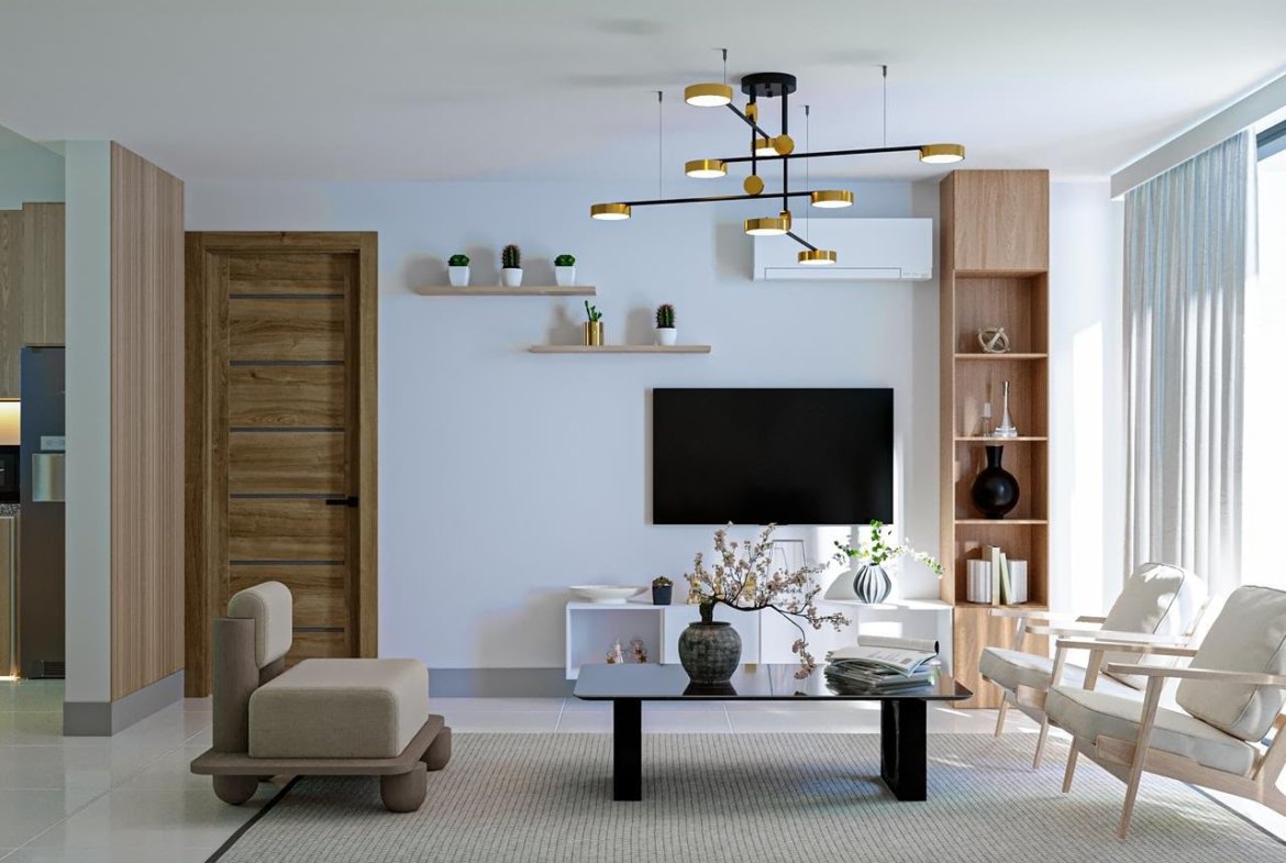Salón moderno minimalista con muebles de madera