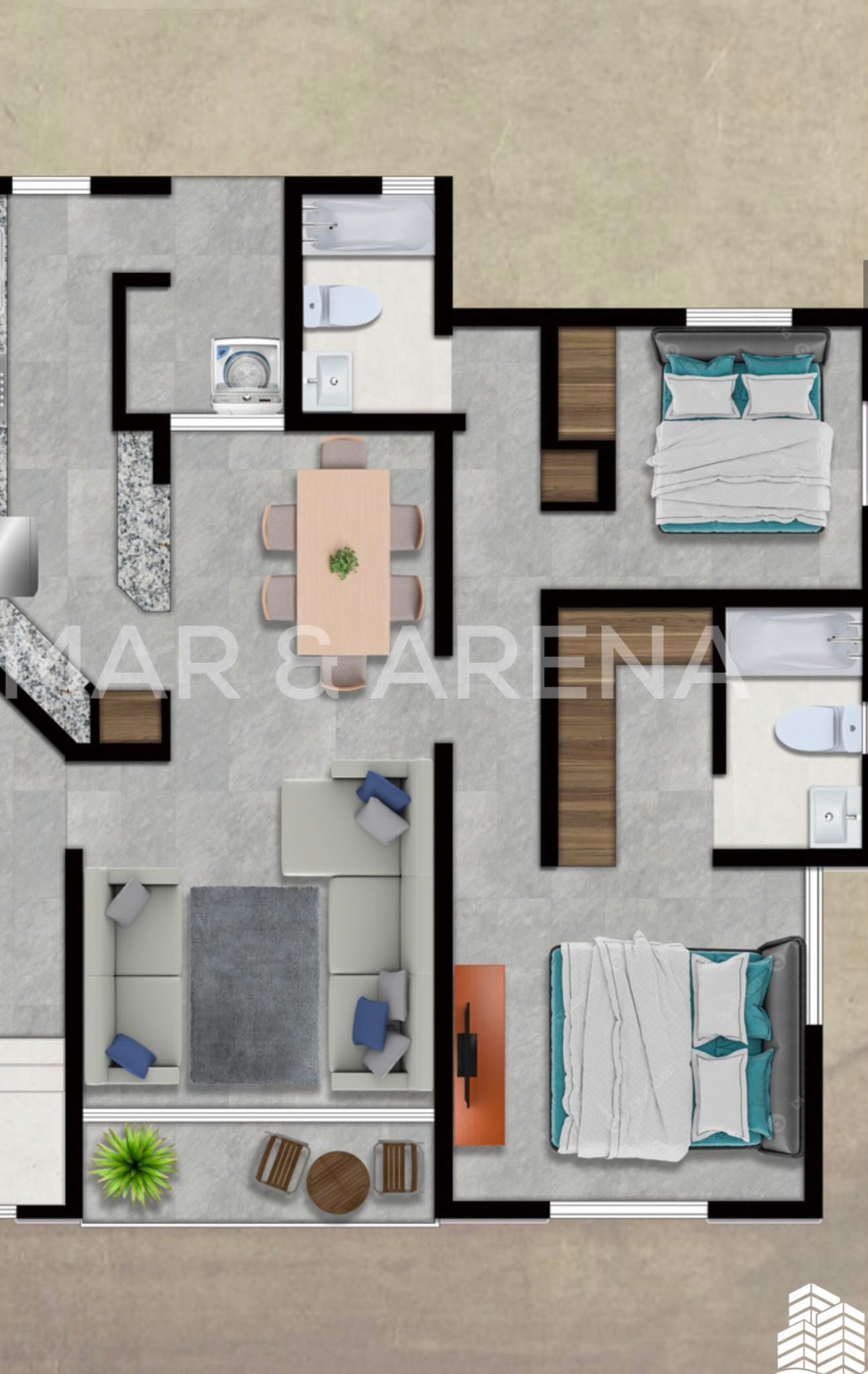 Plano de apartamento con dos dormitorios y balcón