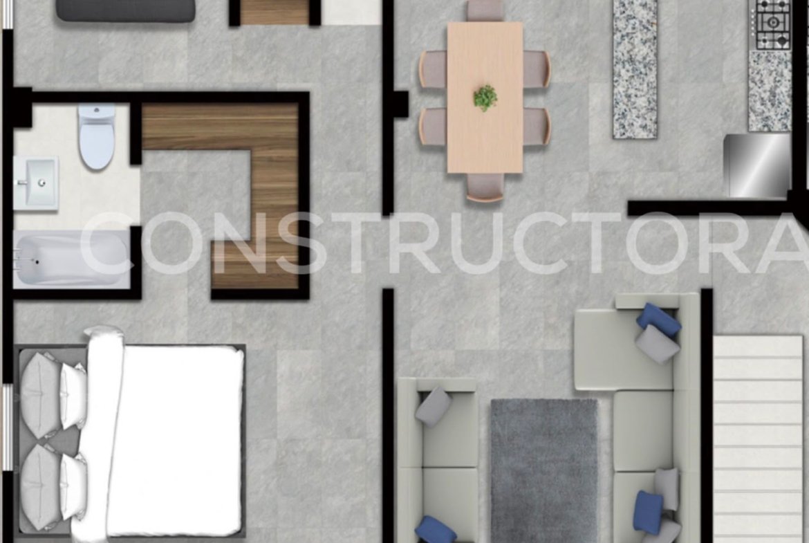 Plano de piso con dos dormitorios y cocina