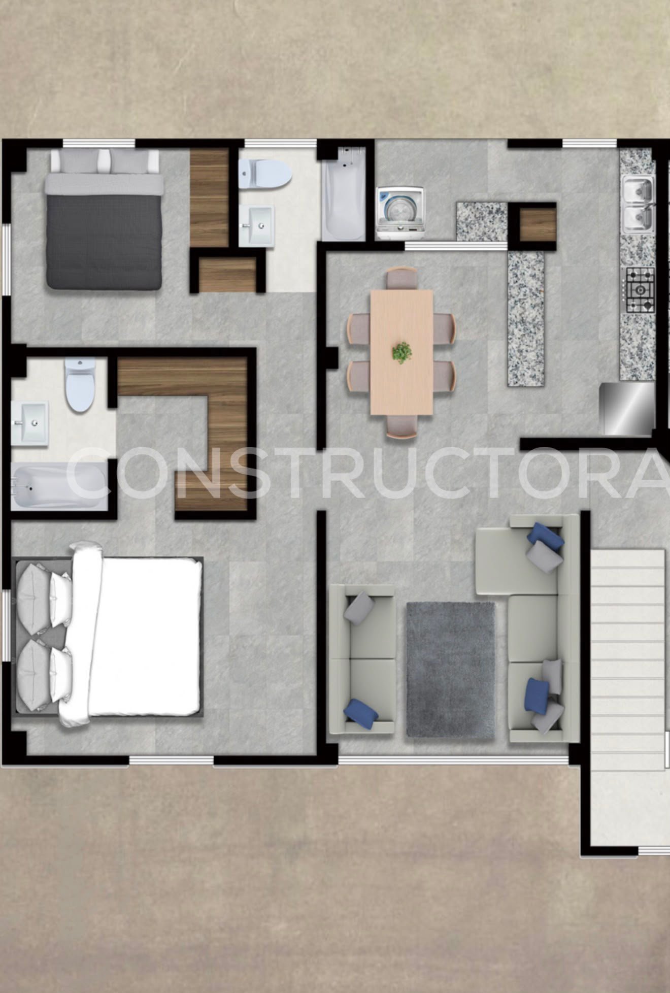 Plano de piso con dos dormitorios y cocina