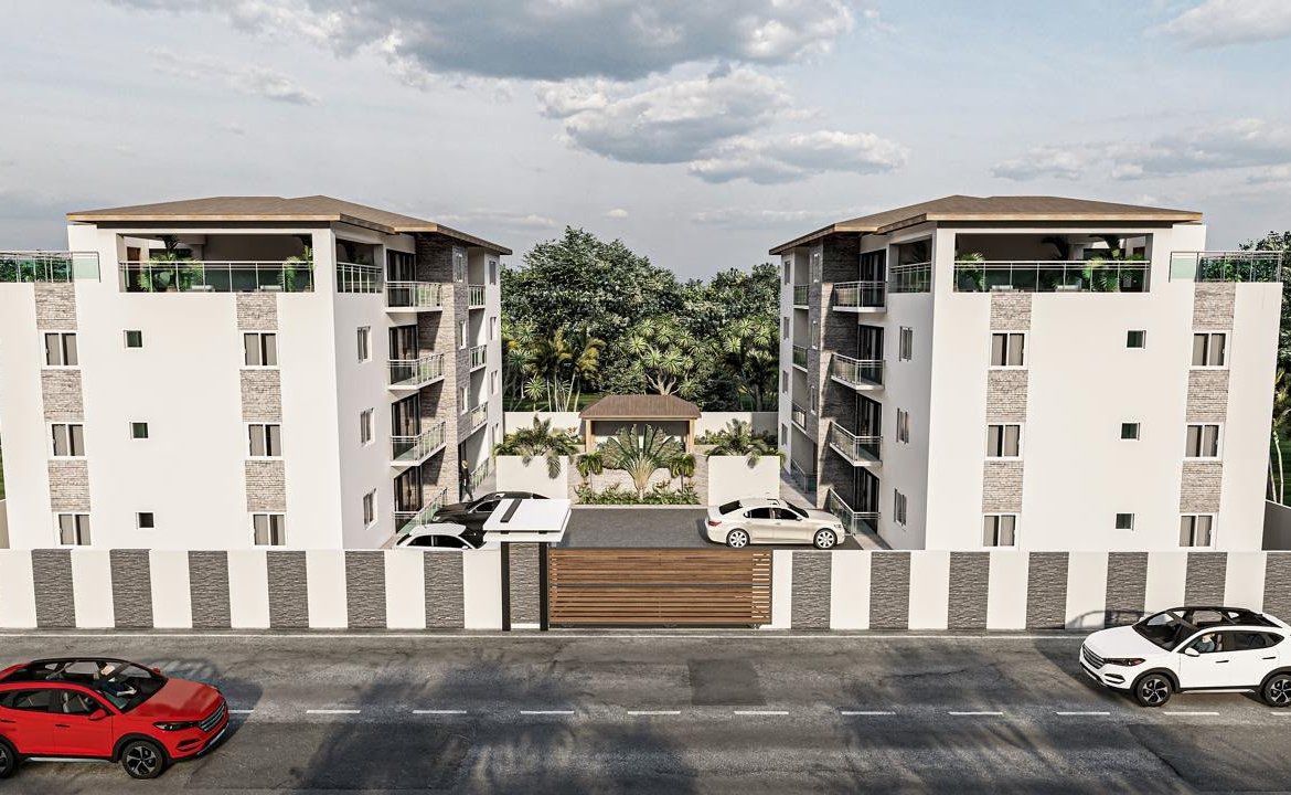 Complejo residencial moderno con acceso privado y jardines