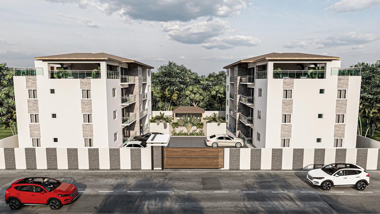 Complejo residencial moderno con acceso privado y jardines