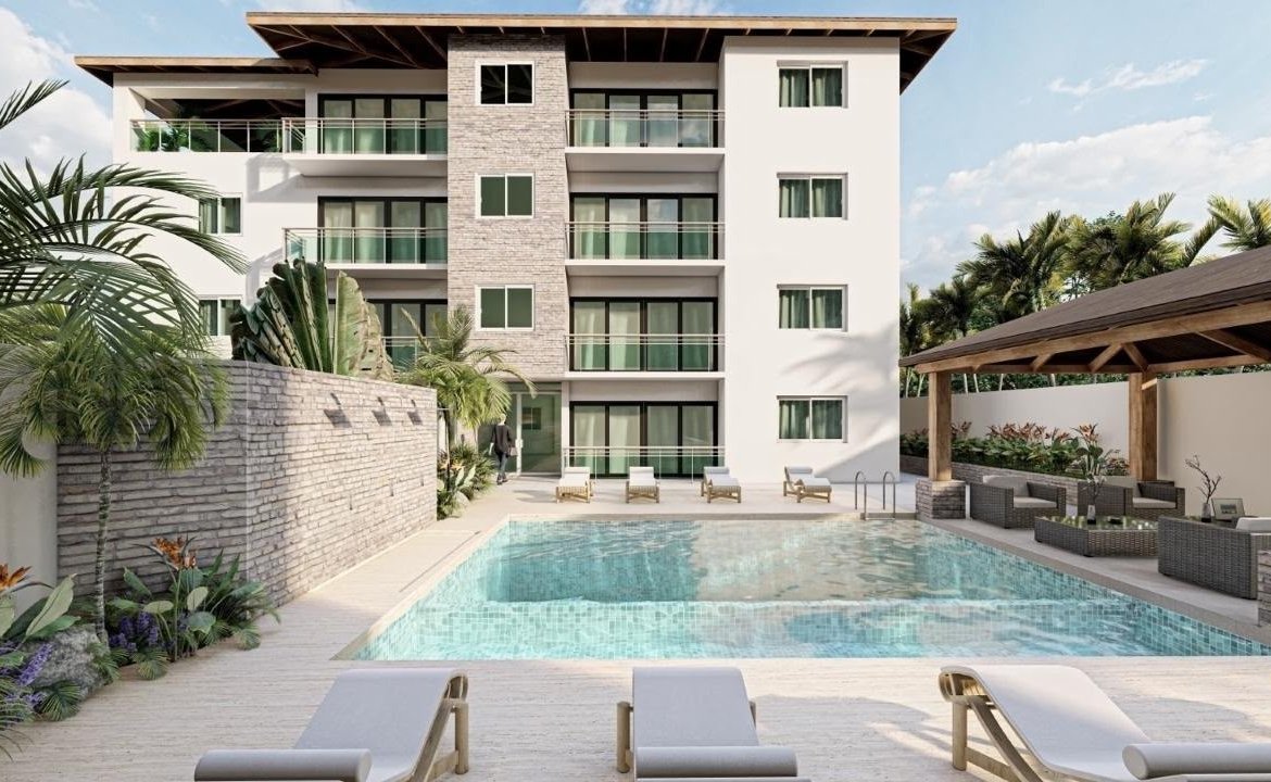 Edificio moderno con piscina y zona ajardinada