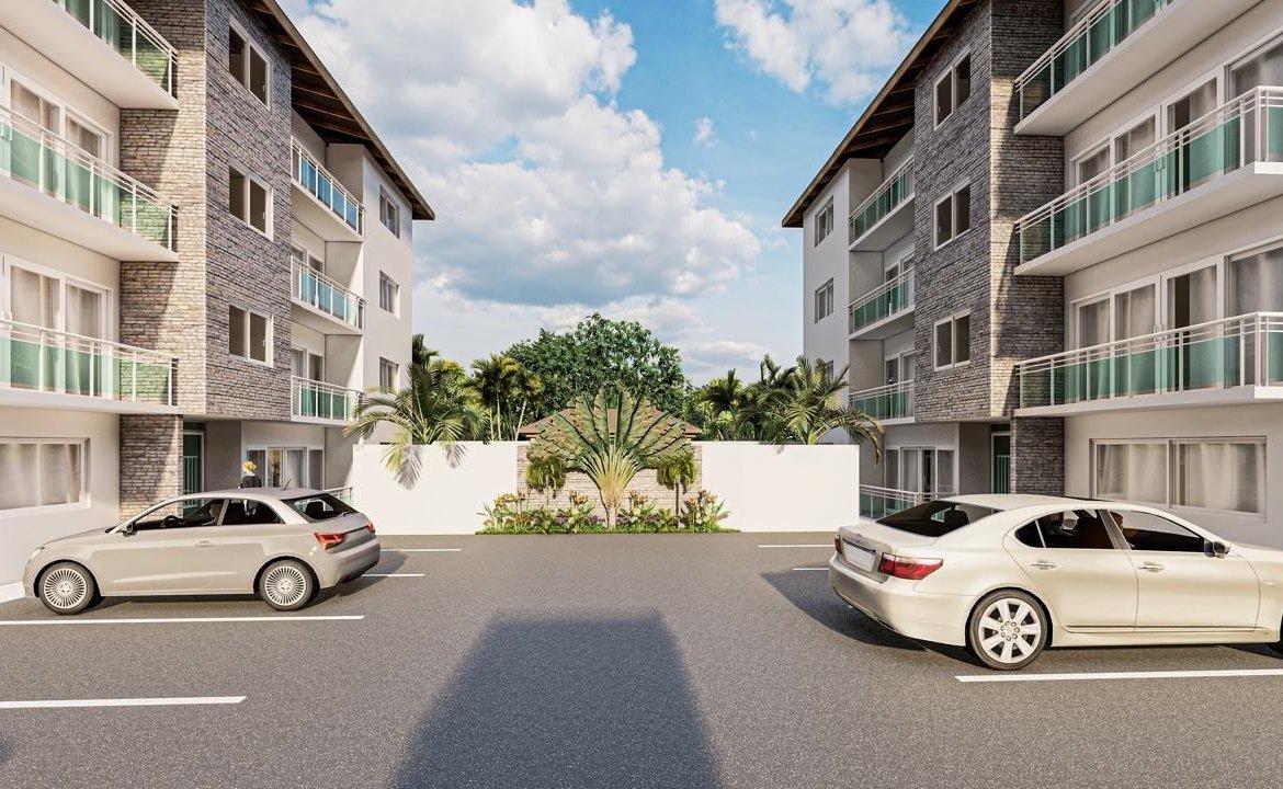 Edificios residenciales modernos con aparcamiento y jardines